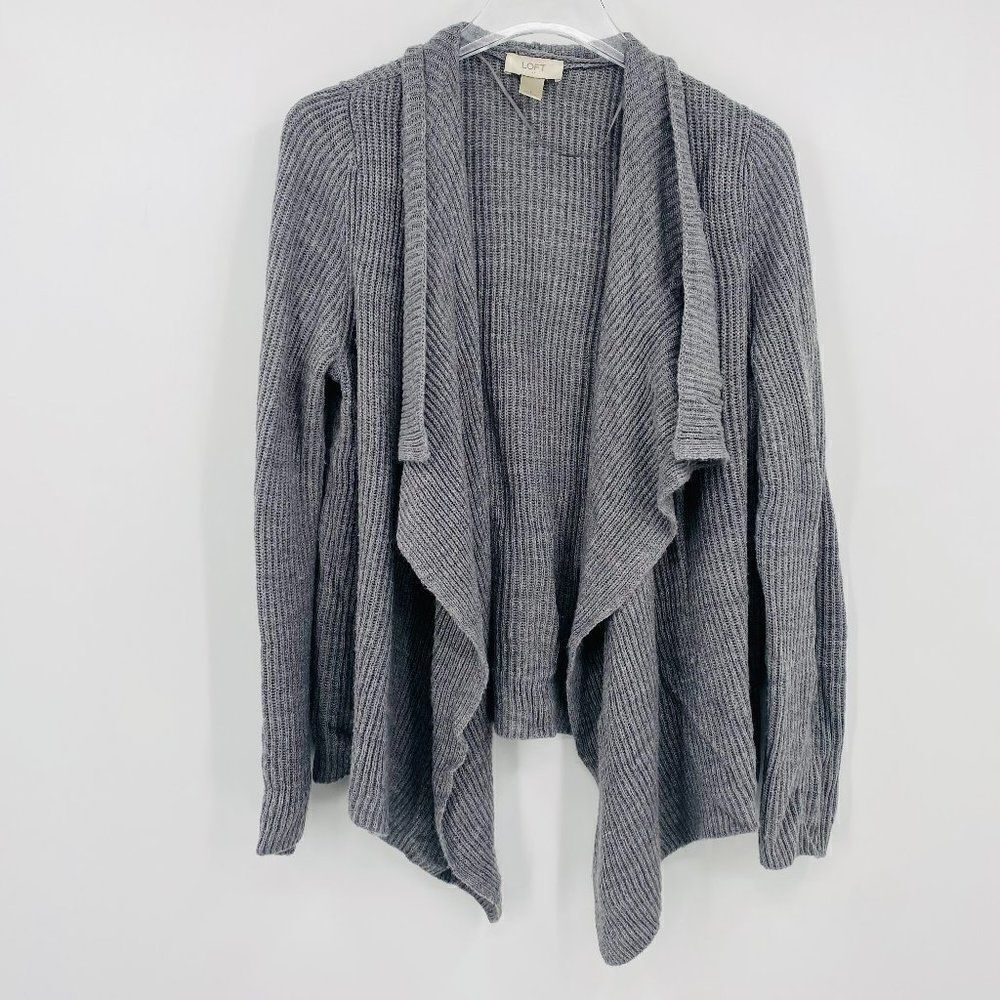 LOFT Size Large Gray Long Sleeve Open Front Waterfall Cardigan Sweater